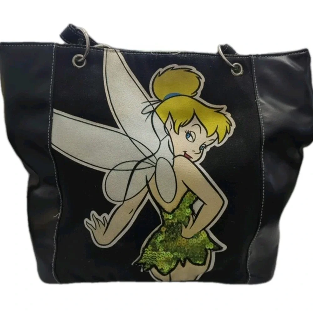 Vtg Disney Tinker Bell Tote Purse Sequin Faux Leather & Canvas Shoulder Bag Lime